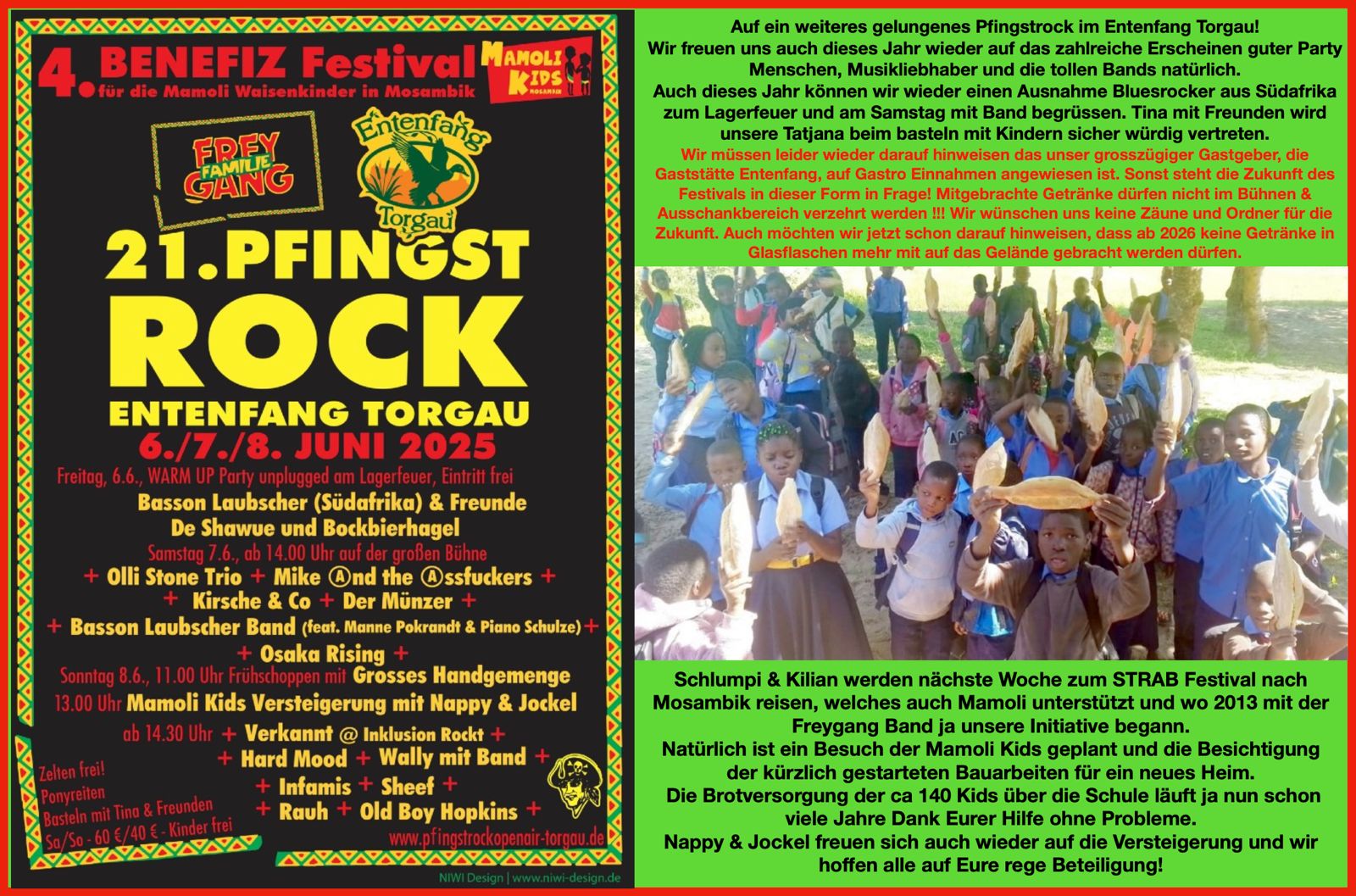 Ankündigung des ENTENFANG TORGAU 21.PFINGST ROCK BENEFIZ Festival
für die Mamoli Waisenkinder in Mosambik